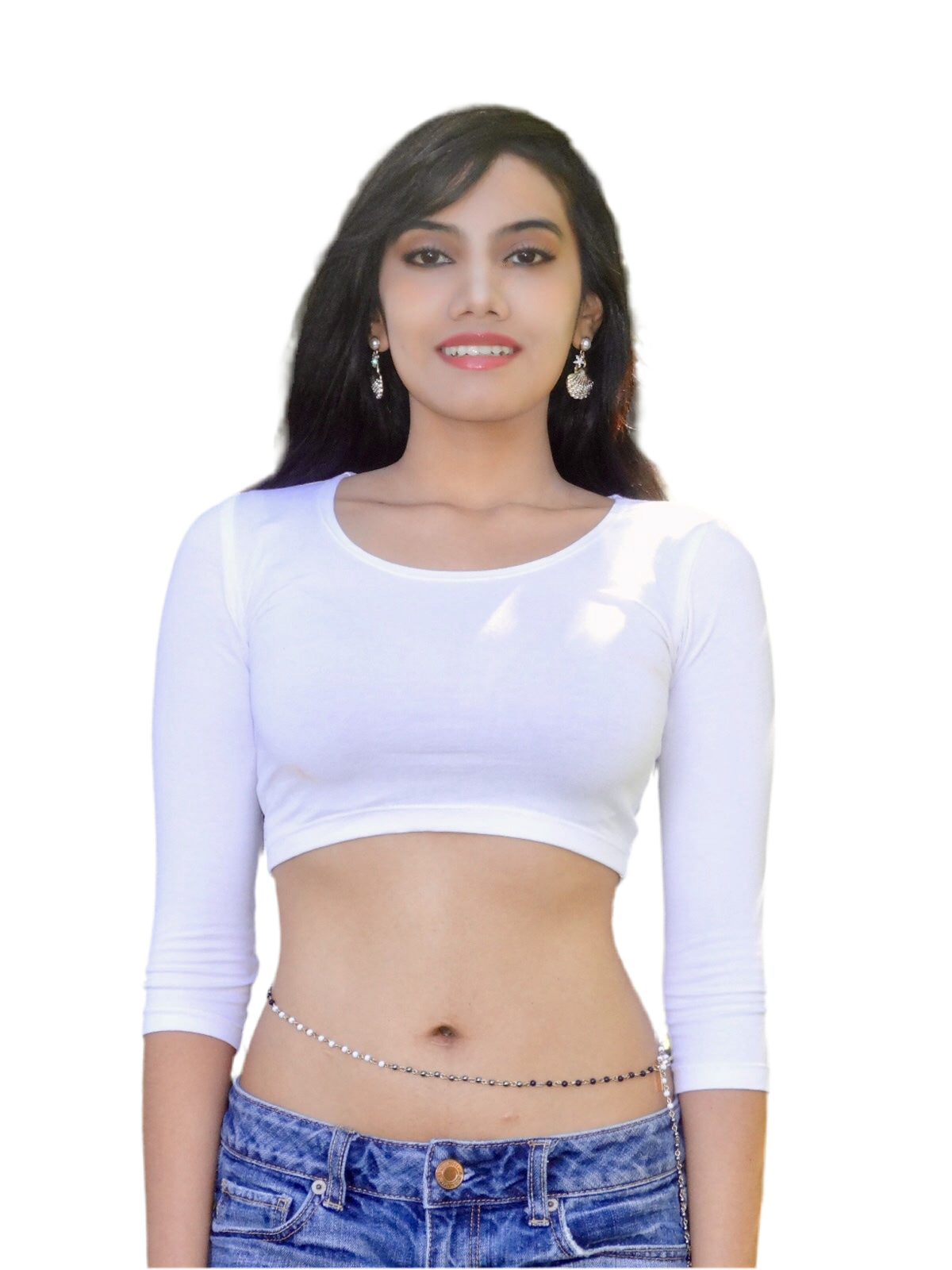 White 3/4 Sleeve Form-Fitting Crop Top / Made in USA