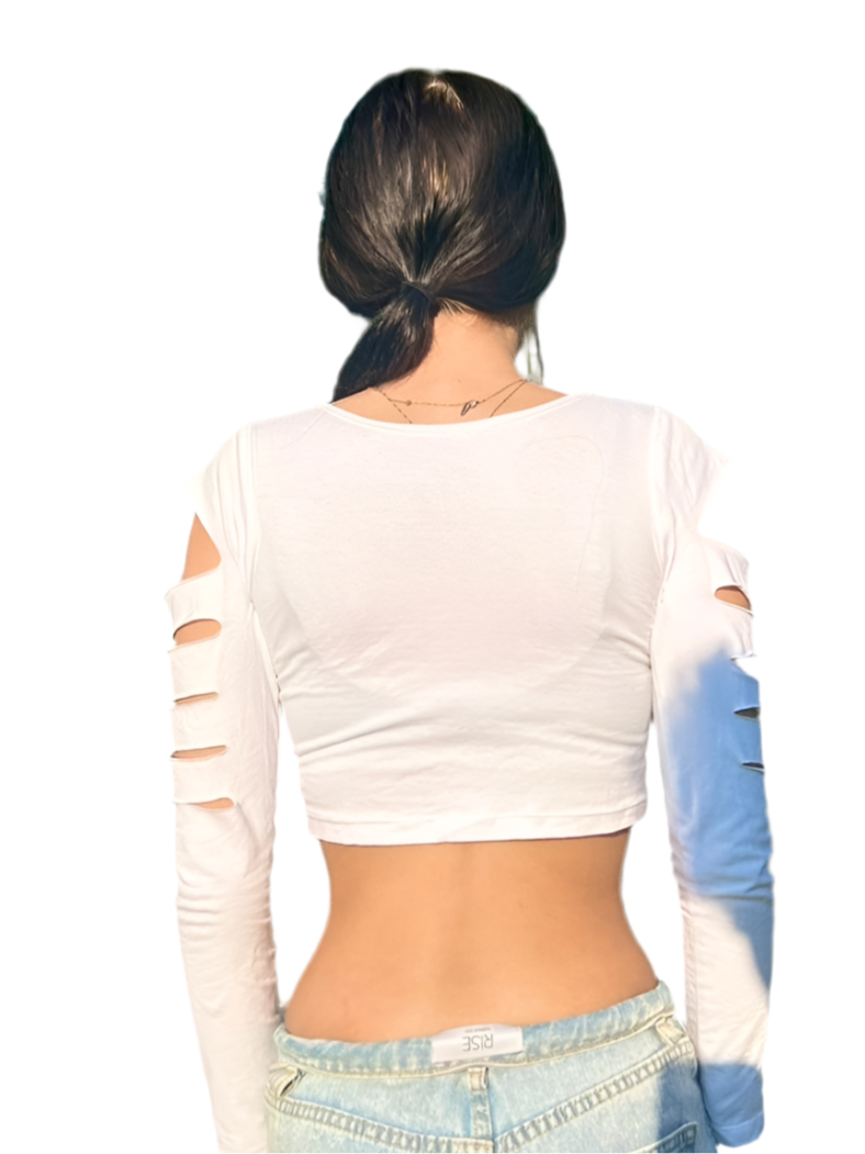 White Slashed Long Sleeve Crop Top / Made in USA