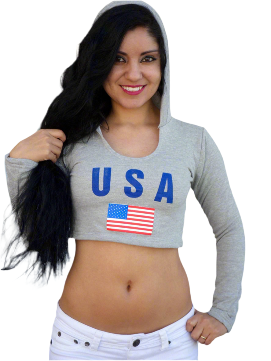USA Light Gray Long Sleeve Crop Top Hoodie / Made in USA