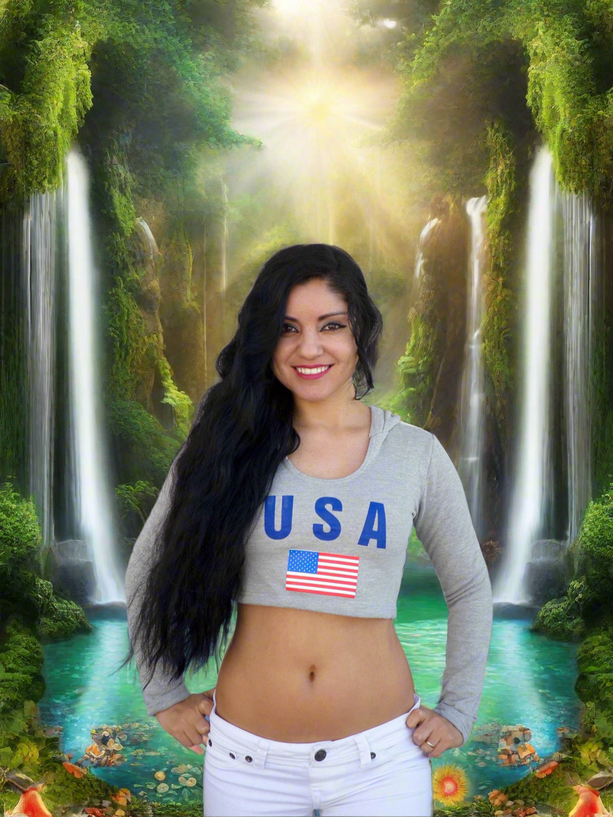 USA Light Gray Long Sleeve Crop Top Hoodie / Made in USA