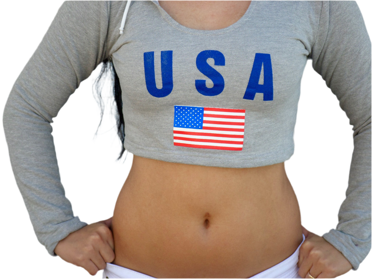 USA Light Gray Long Sleeve Crop Top Hoodie / Made in USA