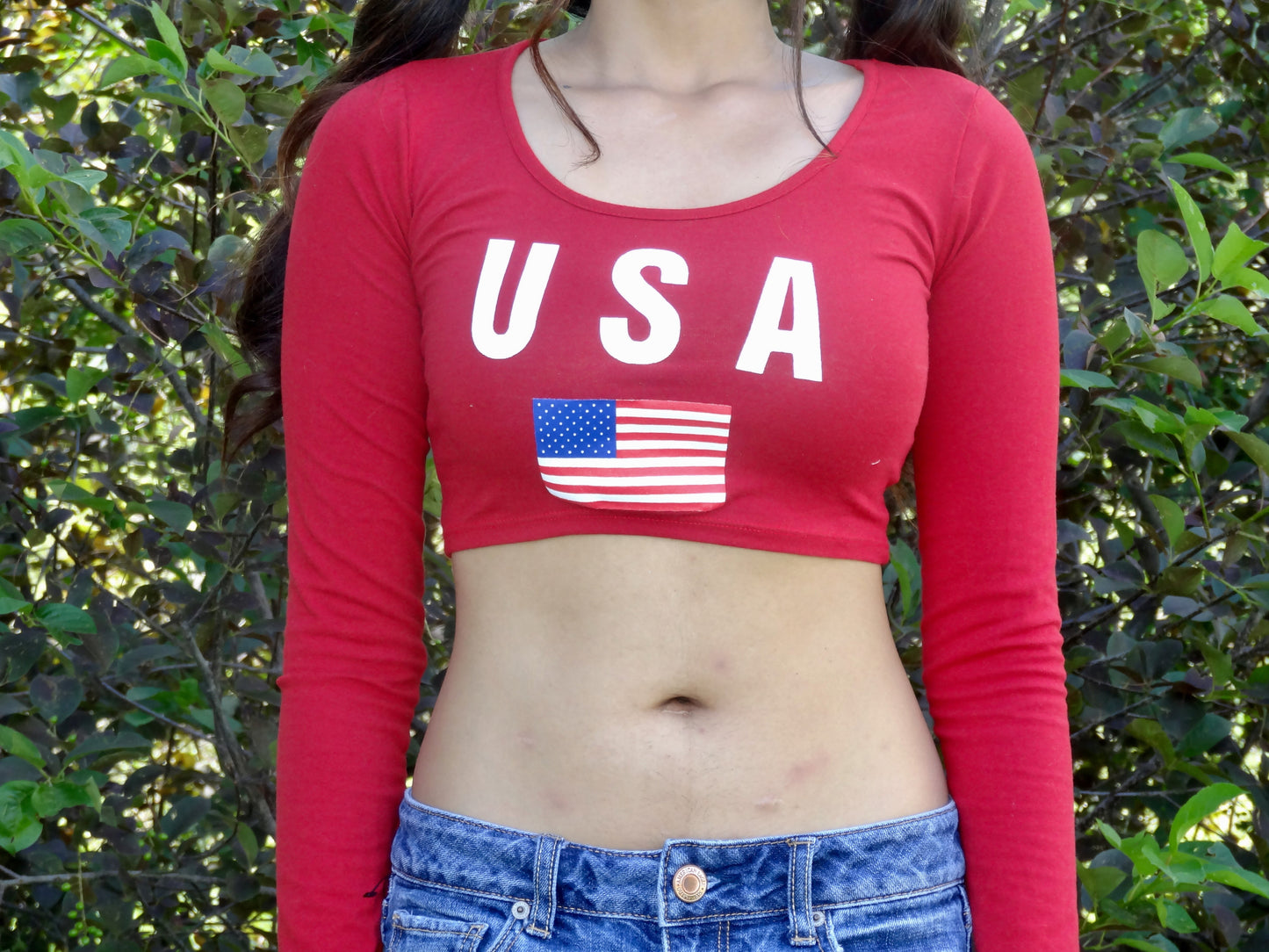 USA Red Long Sleeve Crop Top