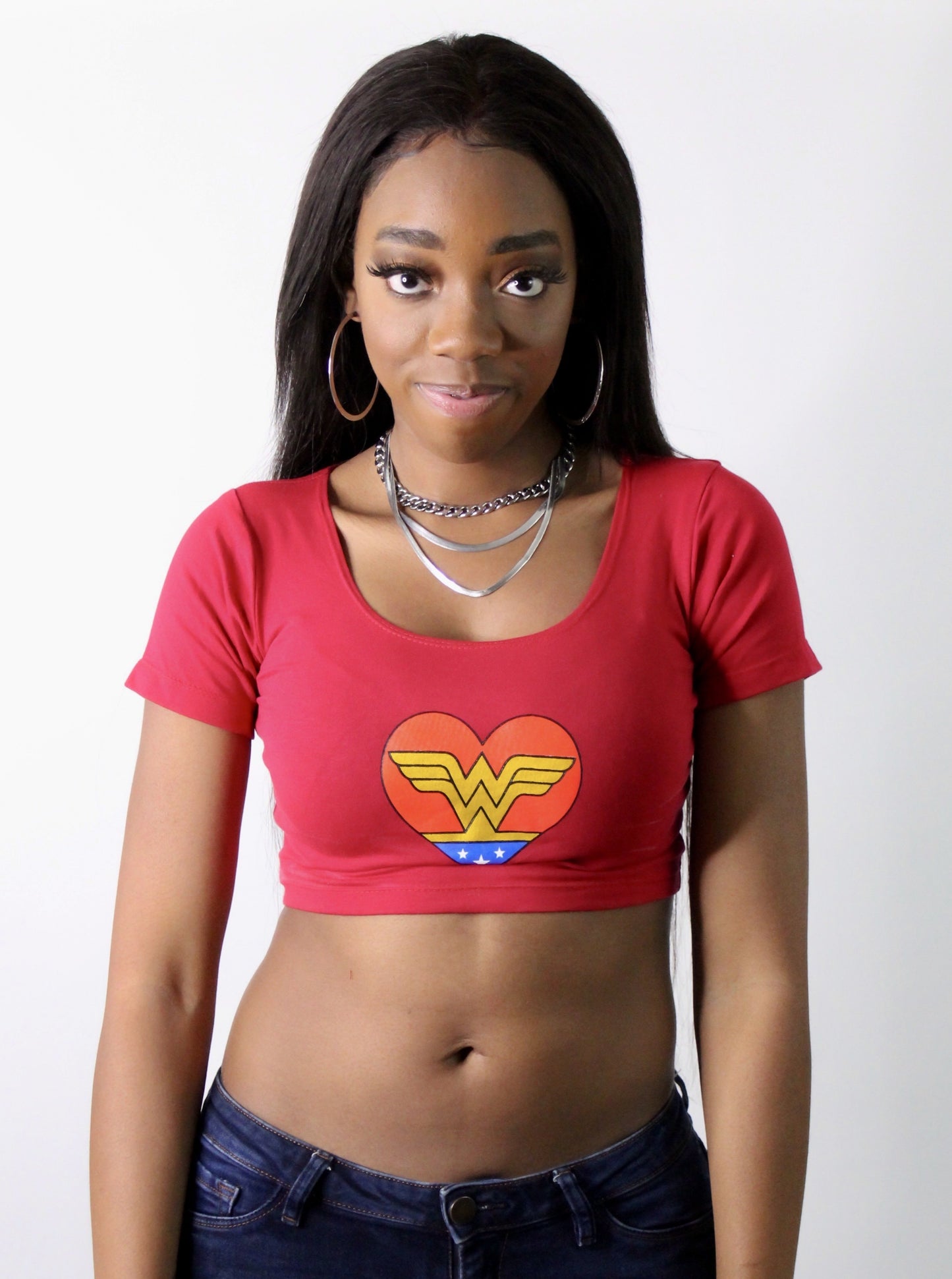 I Love Wonder Woman Red Short Sleeve Crop Top / Made in USA