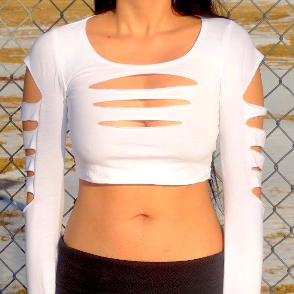 White Slashed Long Sleeve Crop Top / Made in USA