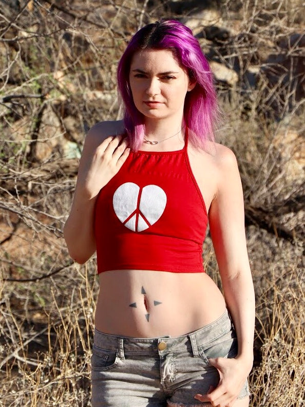 Peace and Love Peace Sign Heart Red Halter Crop Top