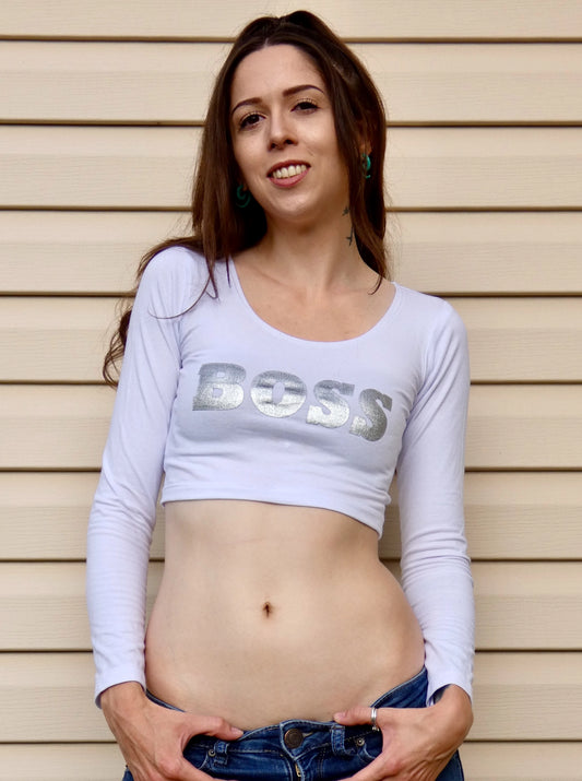 Boss White Long Sleeve Crop Top / Made in USA