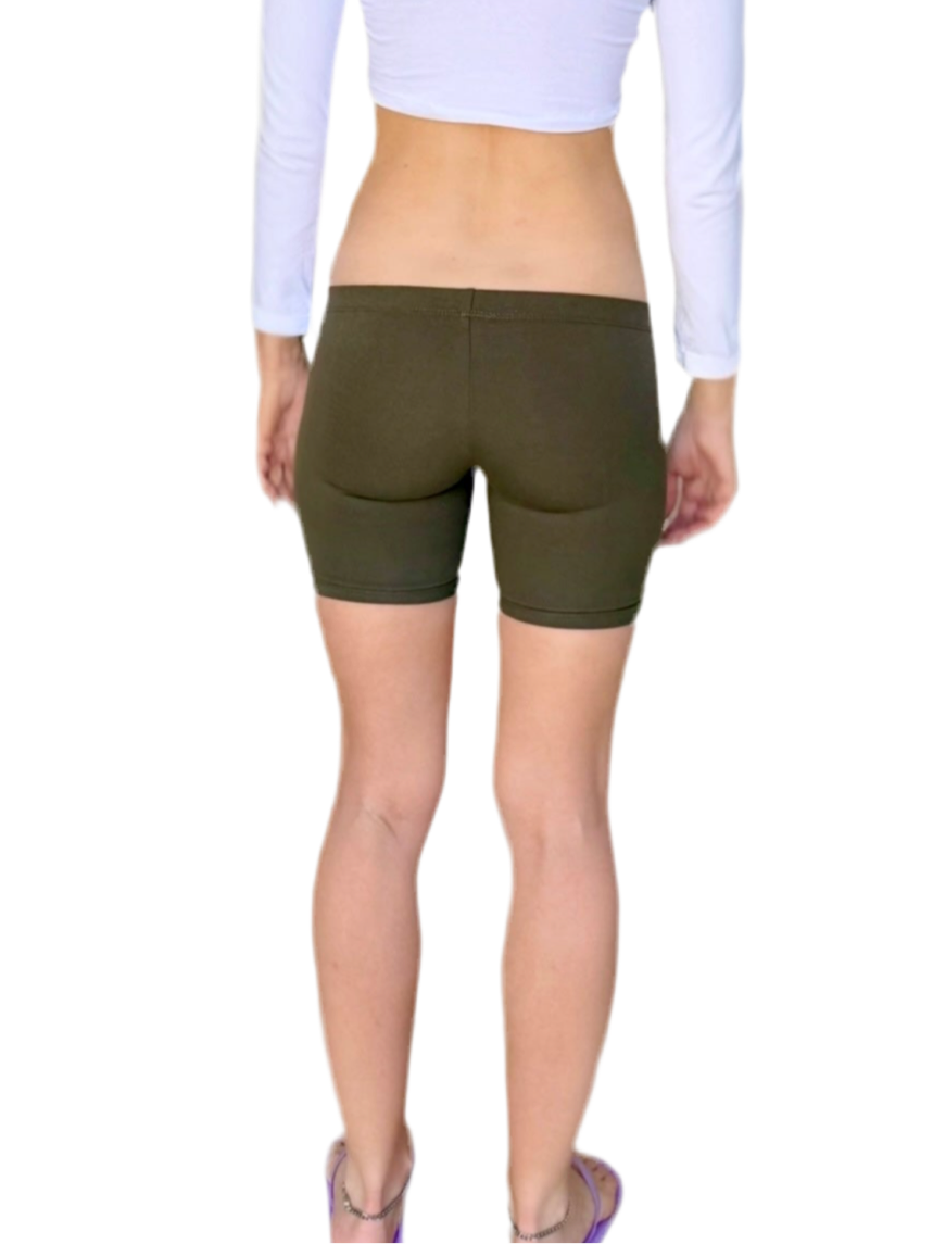 Ultra Low Rise / Super Low Rise Olive Green Not So Short Mid Thigh Yoga Shorts/ Made in USA
