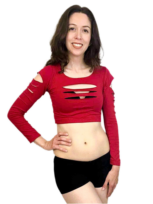 Red Slashed Long Sleeve Crop Top / Made in USA