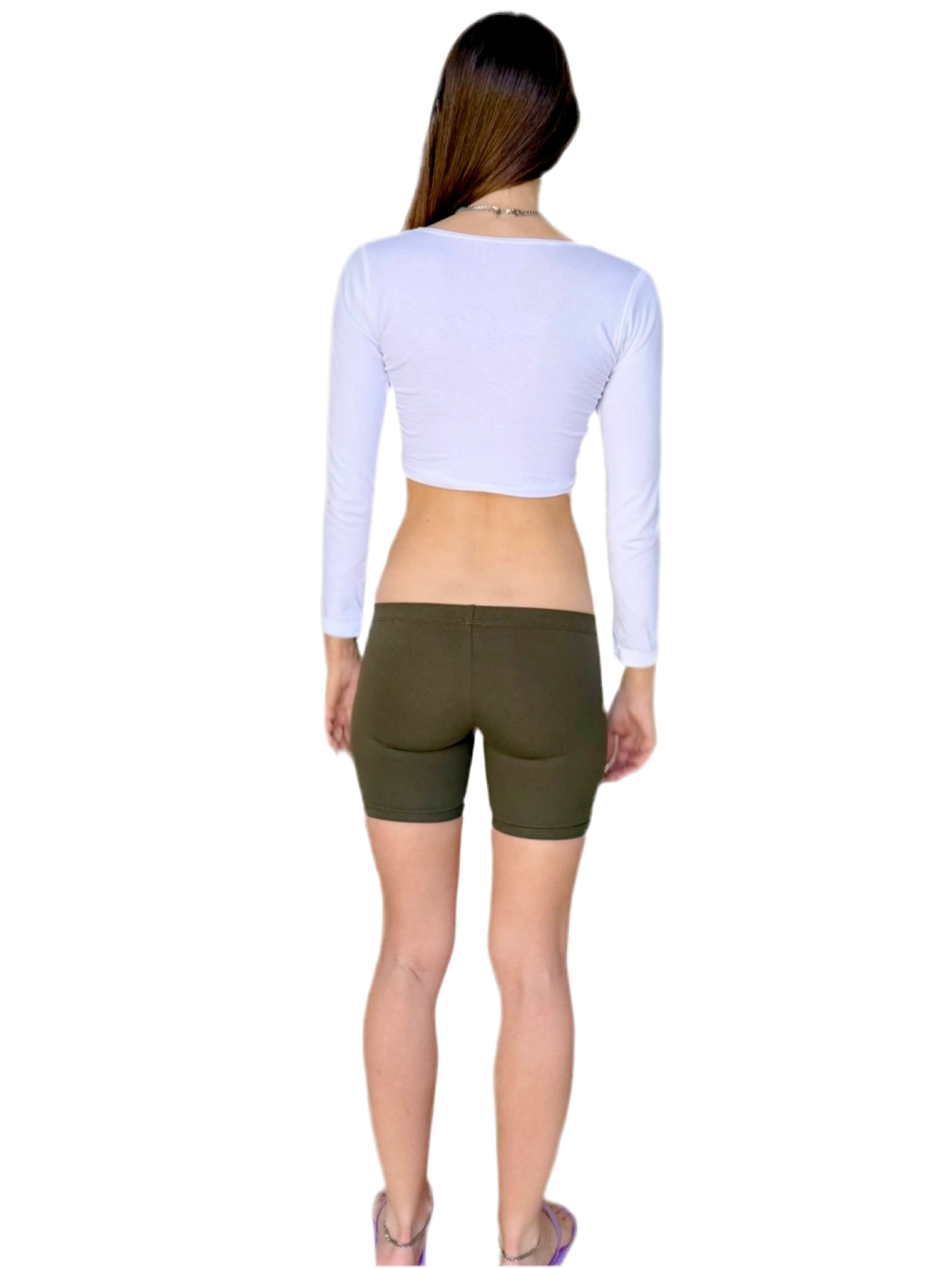 Ultra Low Rise / Super Low Rise Olive Green Not So Short Mid Thigh Yoga Shorts/ Made in USA