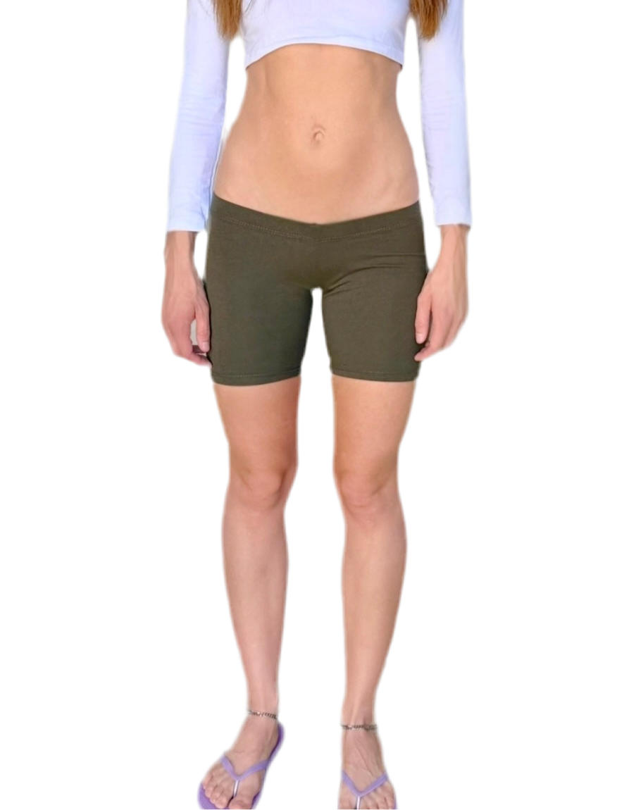 Ultra Low Rise / Super Low Rise Olive Green Not So Short Mid Thigh Yoga Shorts/ Made in USA