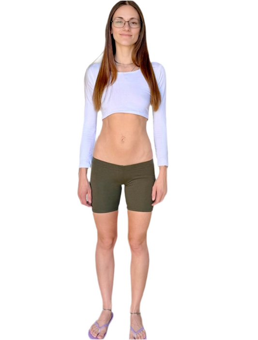 Ultra Low Rise / Super Low Rise Olive Green Not So Short Mid Thigh Yoga Shorts/ Made in USA