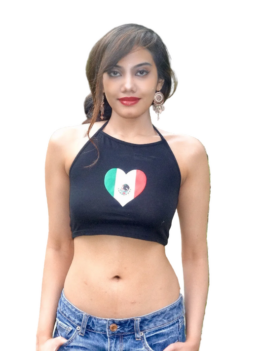 Mexico Heart Black Halter Crop Top / Made in USA