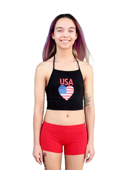 USA Heart Black Halter Crop Top / Made in USA