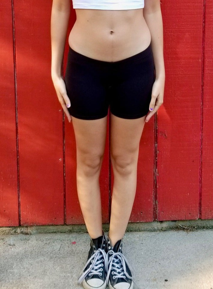 Ultra Low Rise / Super Low Rise Black Not So Short Mid Thigh Yoga Shorts/ Made in USA