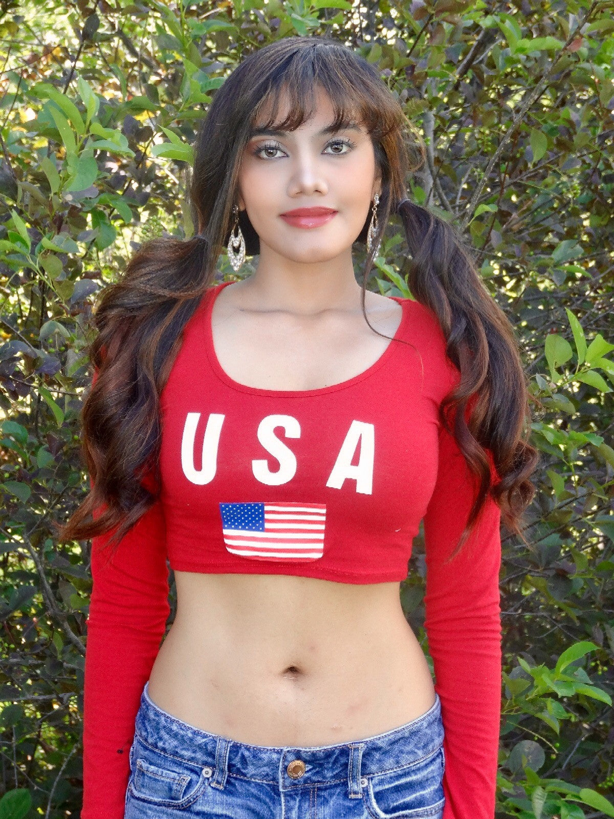 USA Red Long Sleeve Crop Top