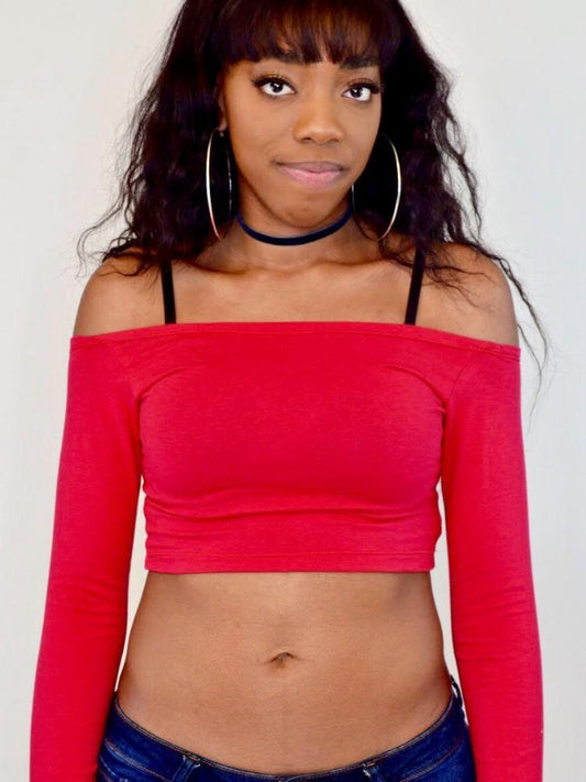 Red Off Shoulder Long Sleeve Crop Top / Made in USA