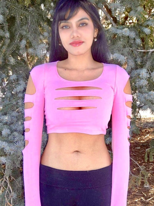 Pink Slashed Long Sleeve Crop Top / Made in USA